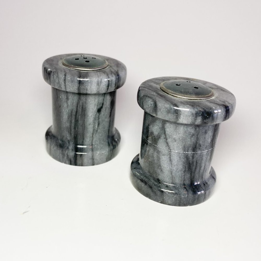 Small Gray Marble Thread Spool Salt and Pepper Shakers